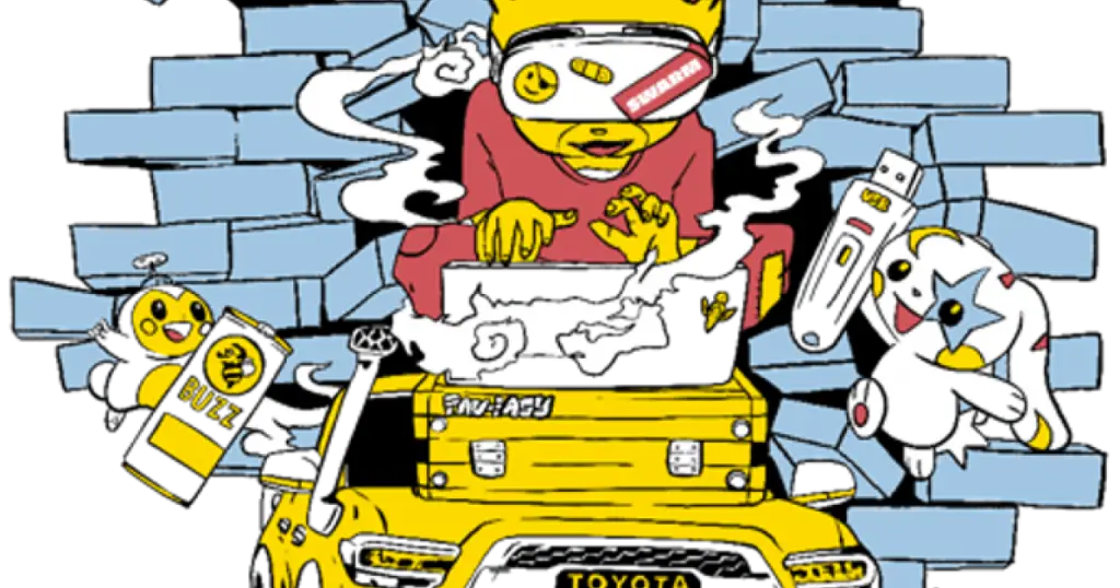 Cartoon hacker mascot at a laptop bursting through a brick wall surrounded by SWARM characters