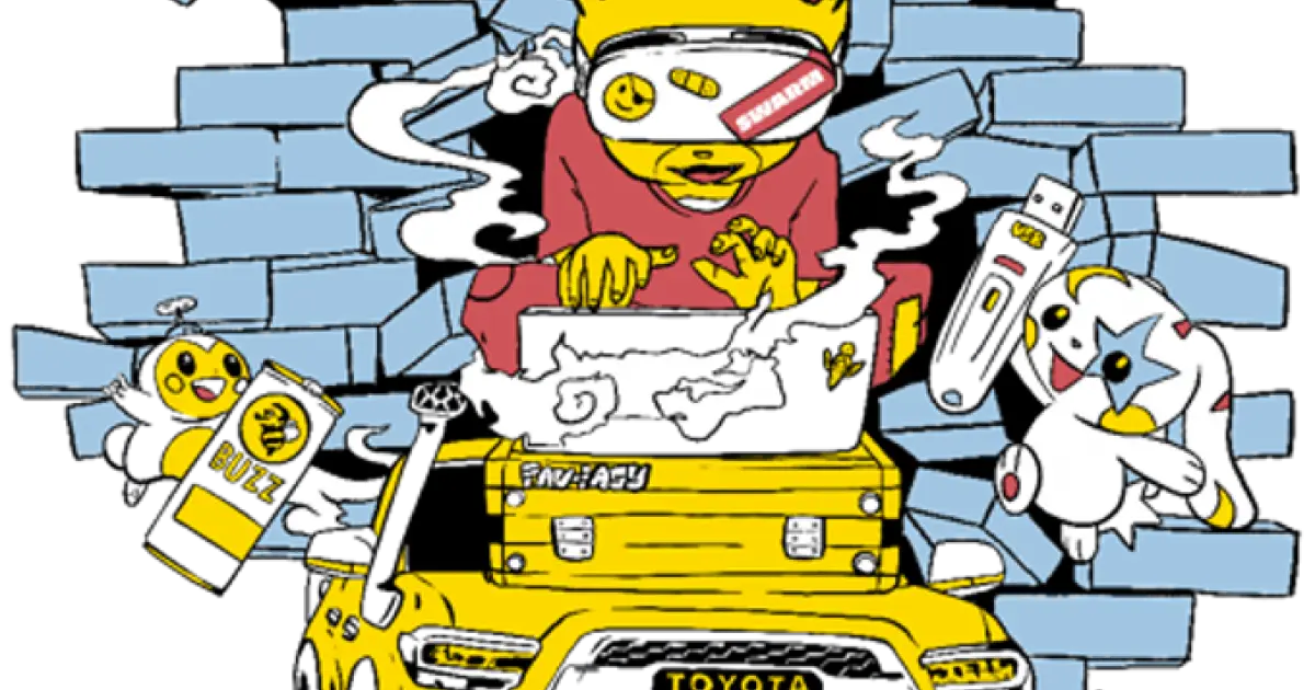Cartoon hacker mascot at a laptop bursting through a brick wall surrounded by SWARM characters