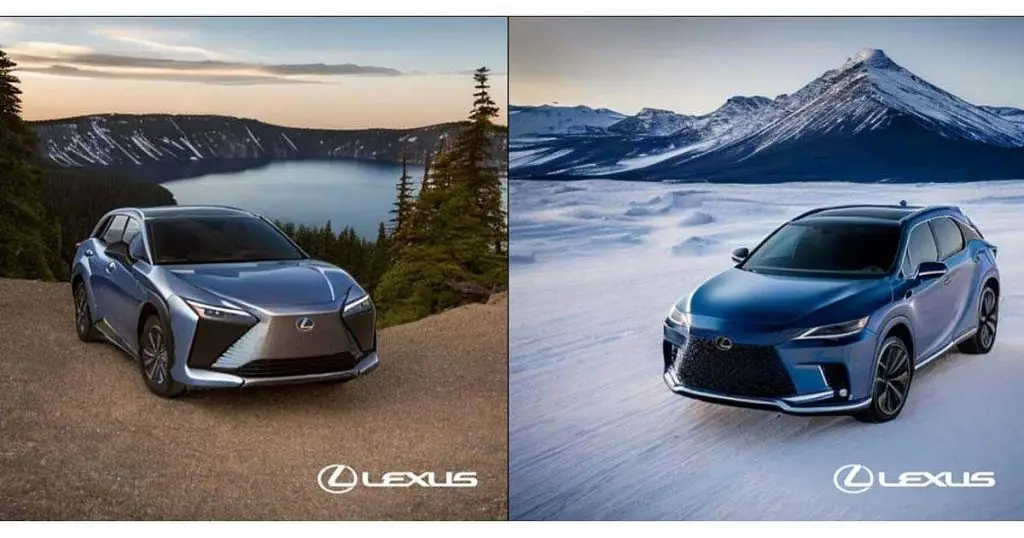 Two AI-generated Lexus electric SUVs shown in lakeside and snowy mountain landscapes