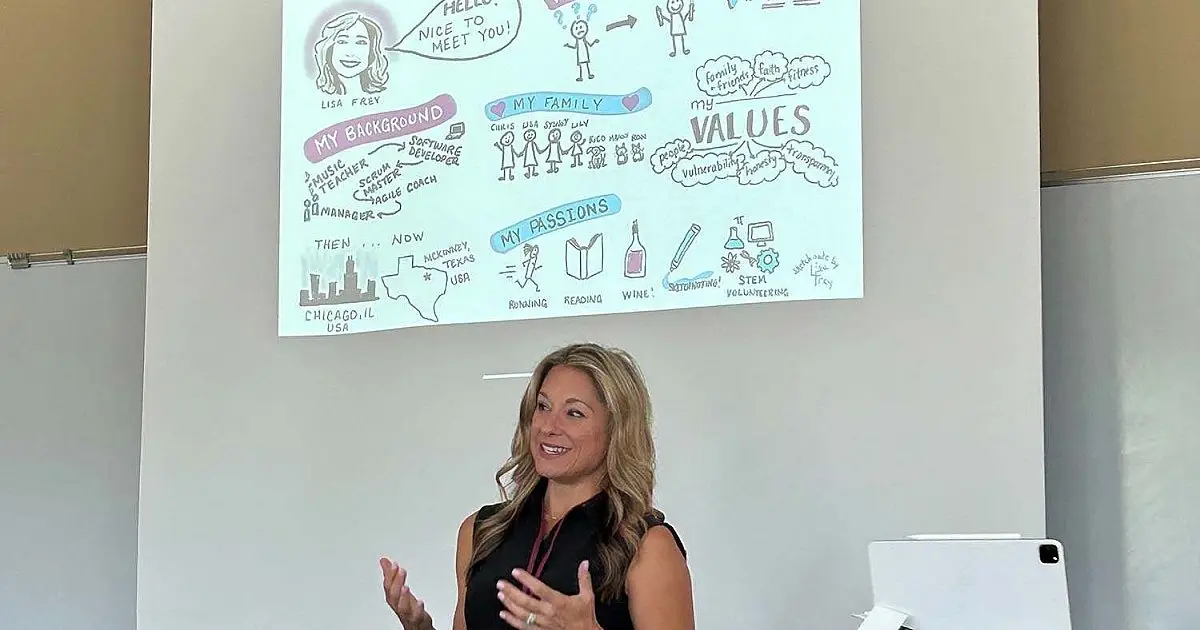 Woman speaking in front of a projected sketchnote illustration of her background and values
