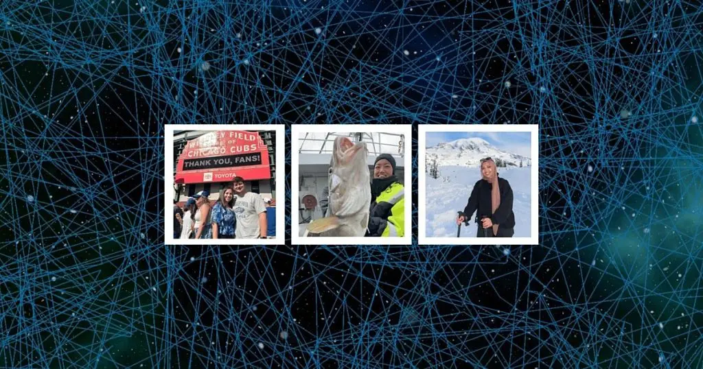 Three photo collage of employees at a ballpark, fishing, and snowshoeing in the mountains