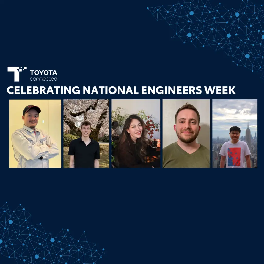 Five engineers featured in a graphic celebrating National Engineers Week at Toyota Connected