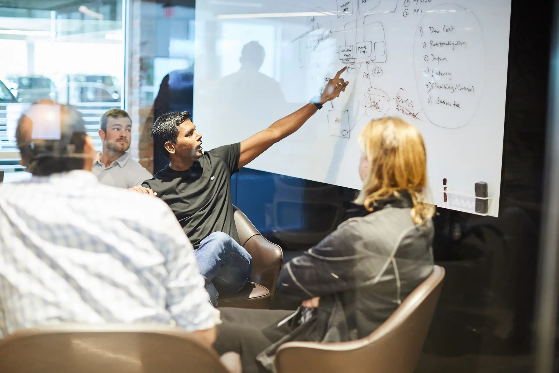Employee points at a whiteboard diagram while presenting to colleagues in a meeting